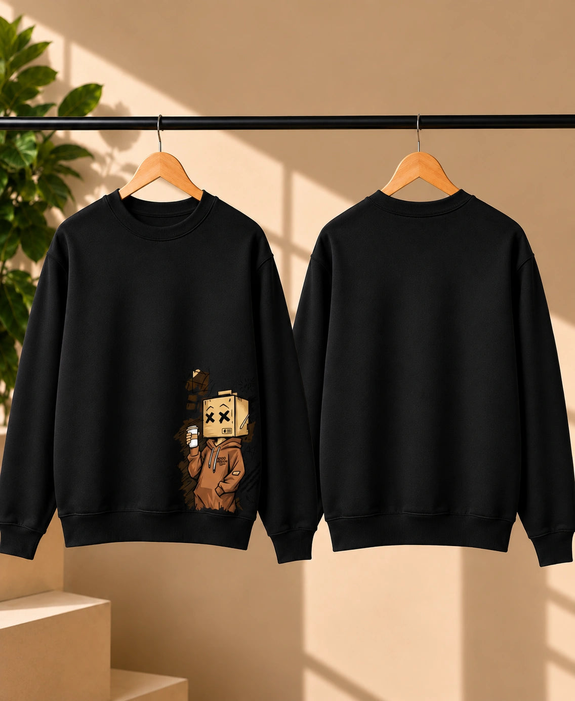 Men’s Maroon Graphic Sweatshirt – Box Head Character Printed Crew Neck Streetwear