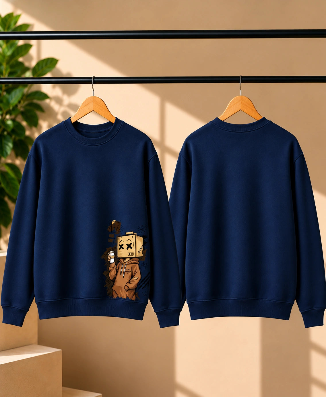 Men’s Maroon Graphic Sweatshirt – Box Head Character Printed Crew Neck Streetwear