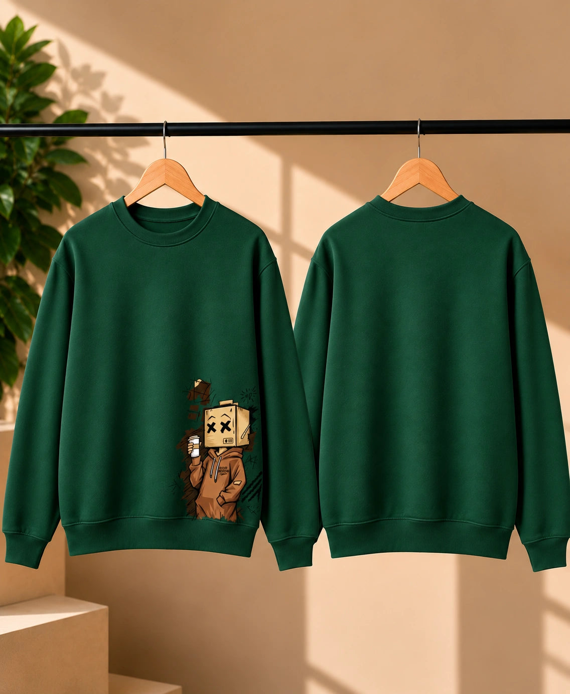 Men’s Maroon Graphic Sweatshirt – Box Head Character Printed Crew Neck Streetwear