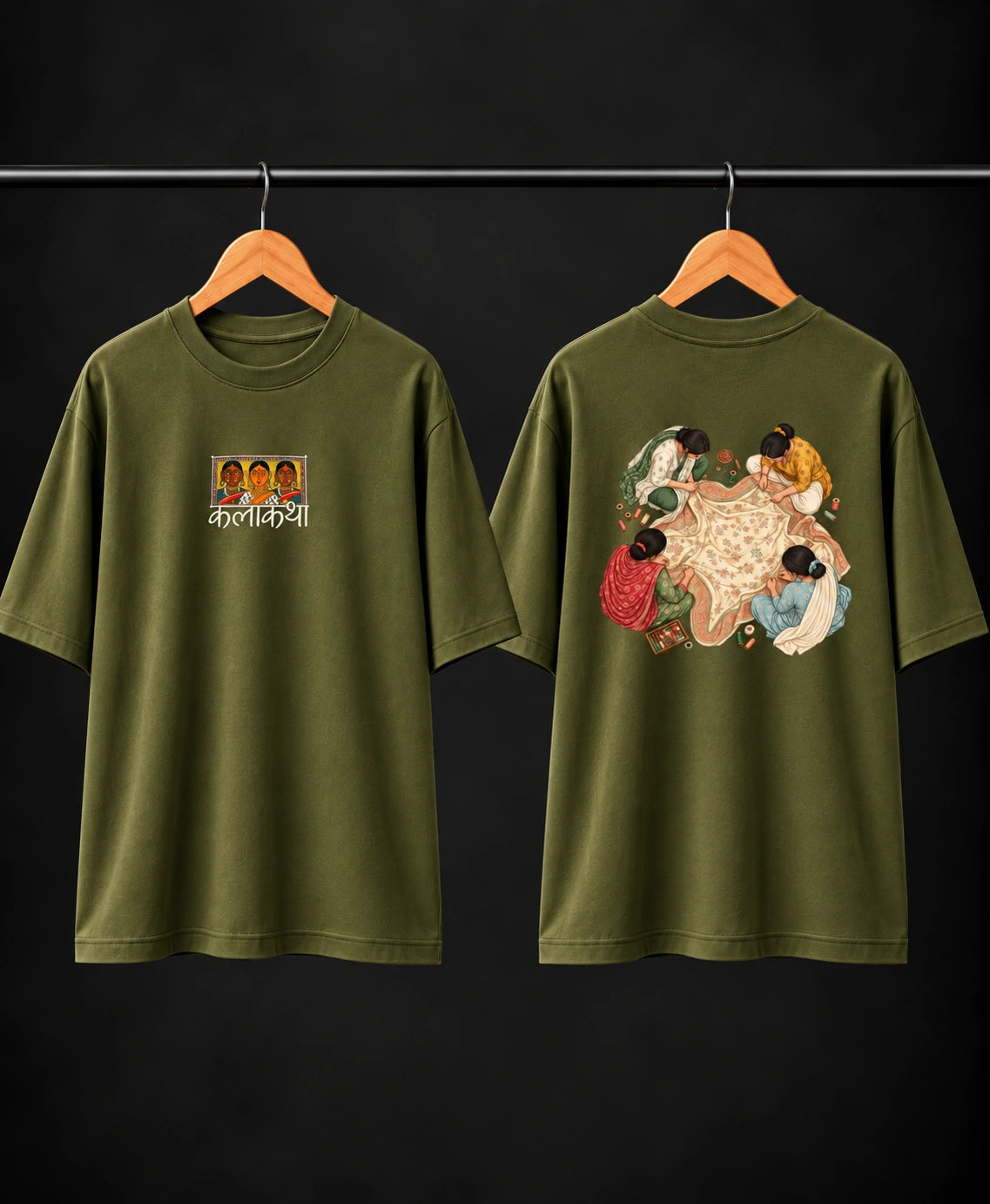 Men’s Olive Green Kalakriya Indian Art Oversized T-Shirt – Front & Back Graphic Print