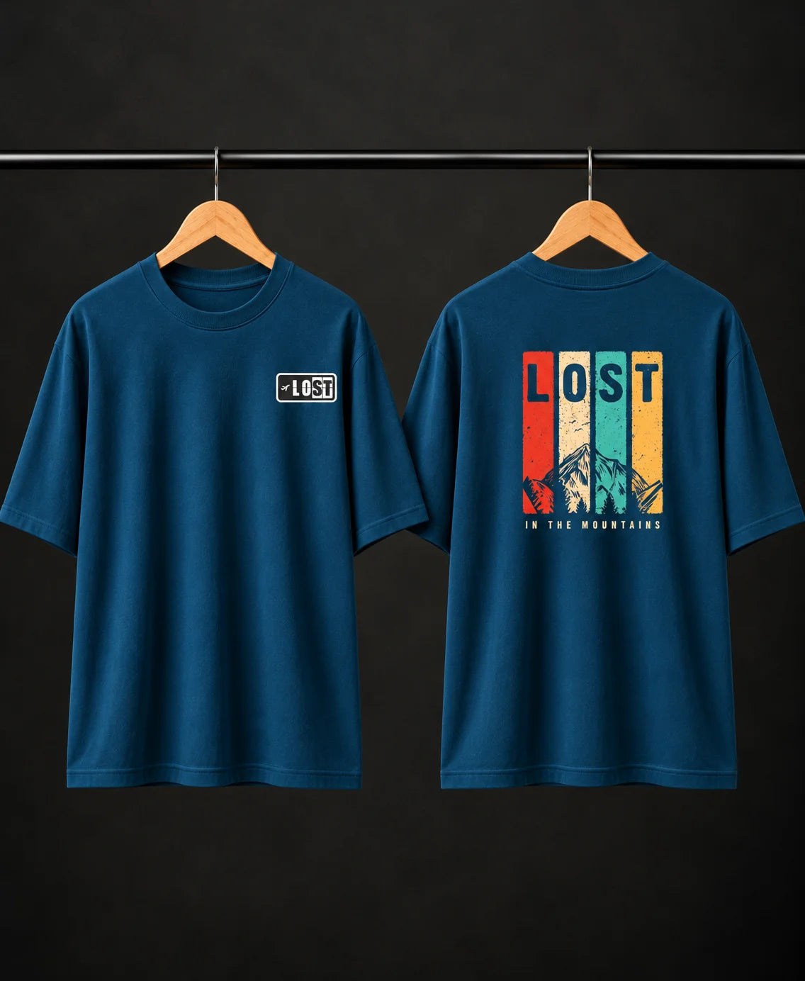 Men’s Teal Lost in the Mountains Graphic Oversized T-Shirt – Front & Back Print