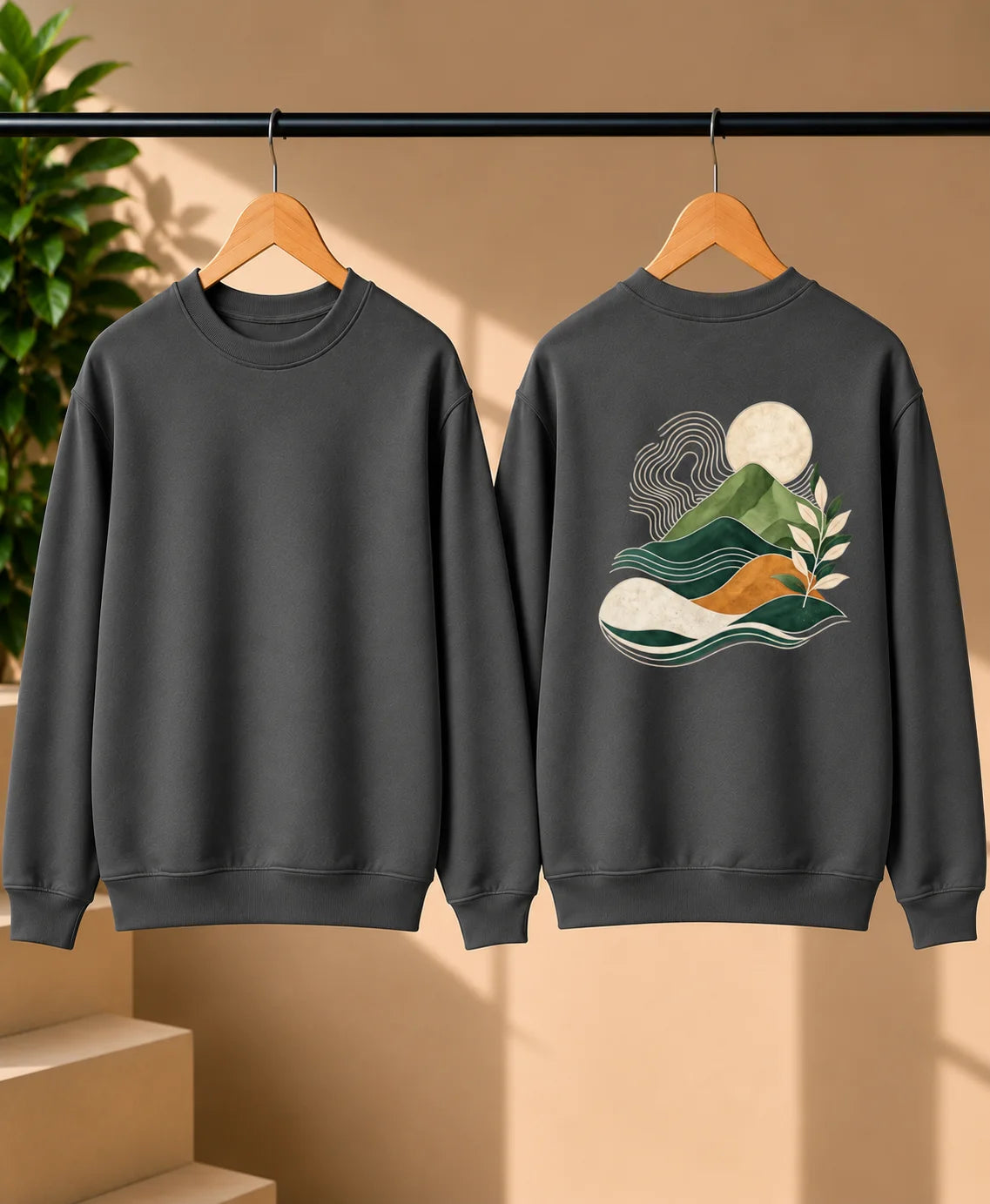 Men’s Navy Blue Nature Landscape Graphic Printed Sweatshirt – Crew Neck Casual Winter Wear
