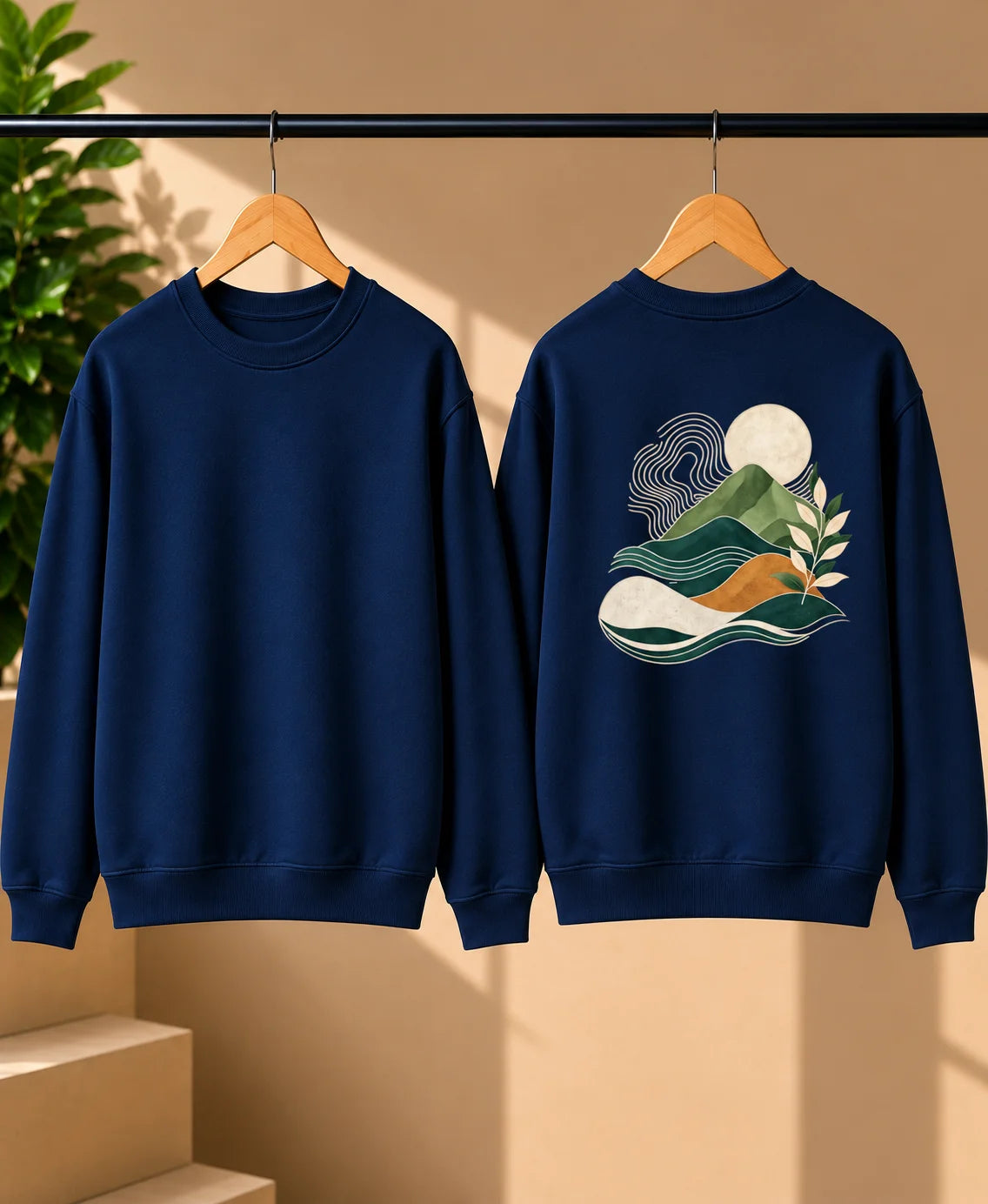 Men’s Navy Blue Nature Landscape Graphic Printed Sweatshirt – Crew Neck Casual Winter Wear