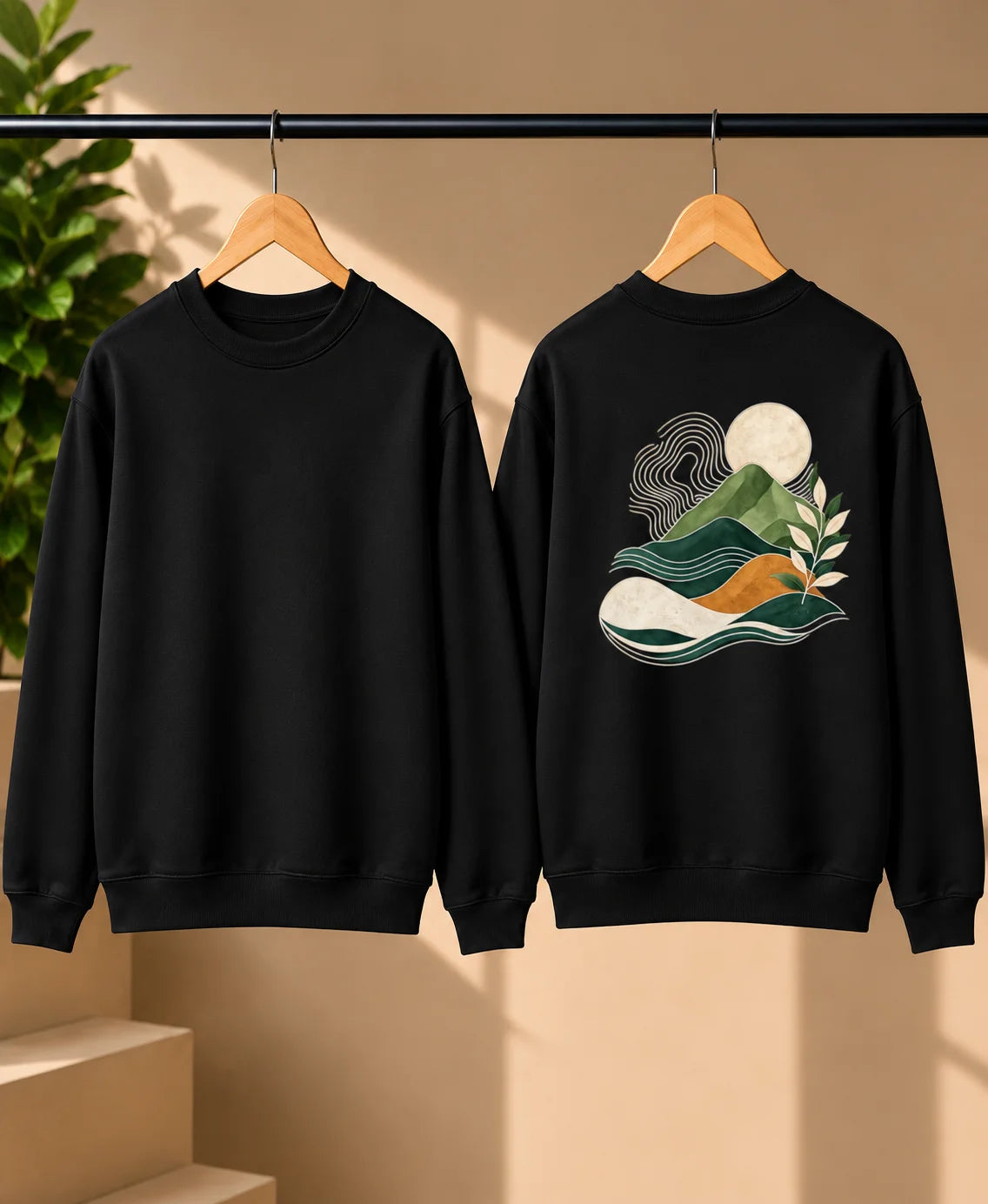 Men’s Navy Blue Nature Landscape Graphic Printed Sweatshirt – Crew Neck Casual Winter Wear
