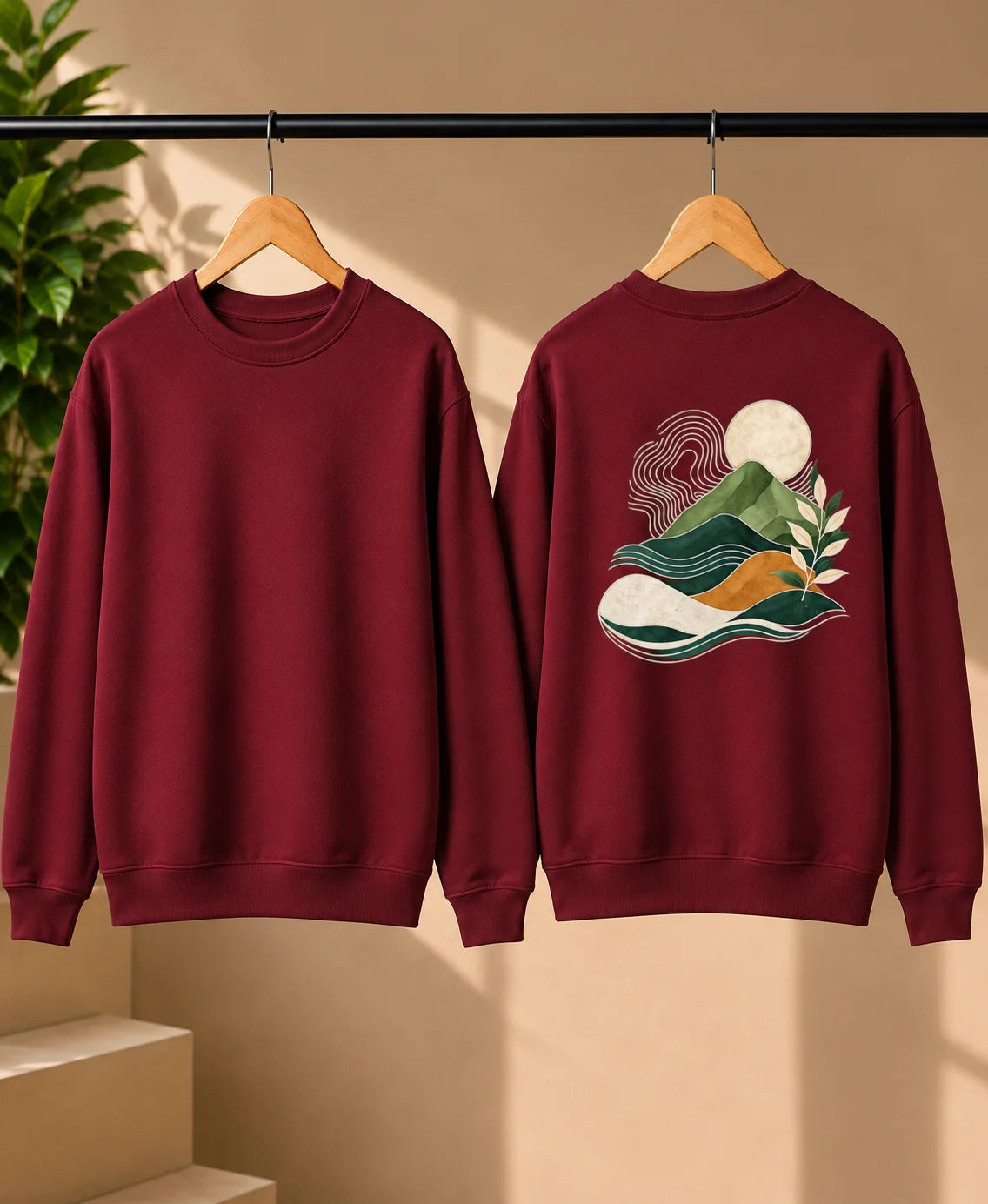 Men’s Navy Blue Nature Landscape Graphic Printed Sweatshirt – Crew Neck Casual Winter Wear