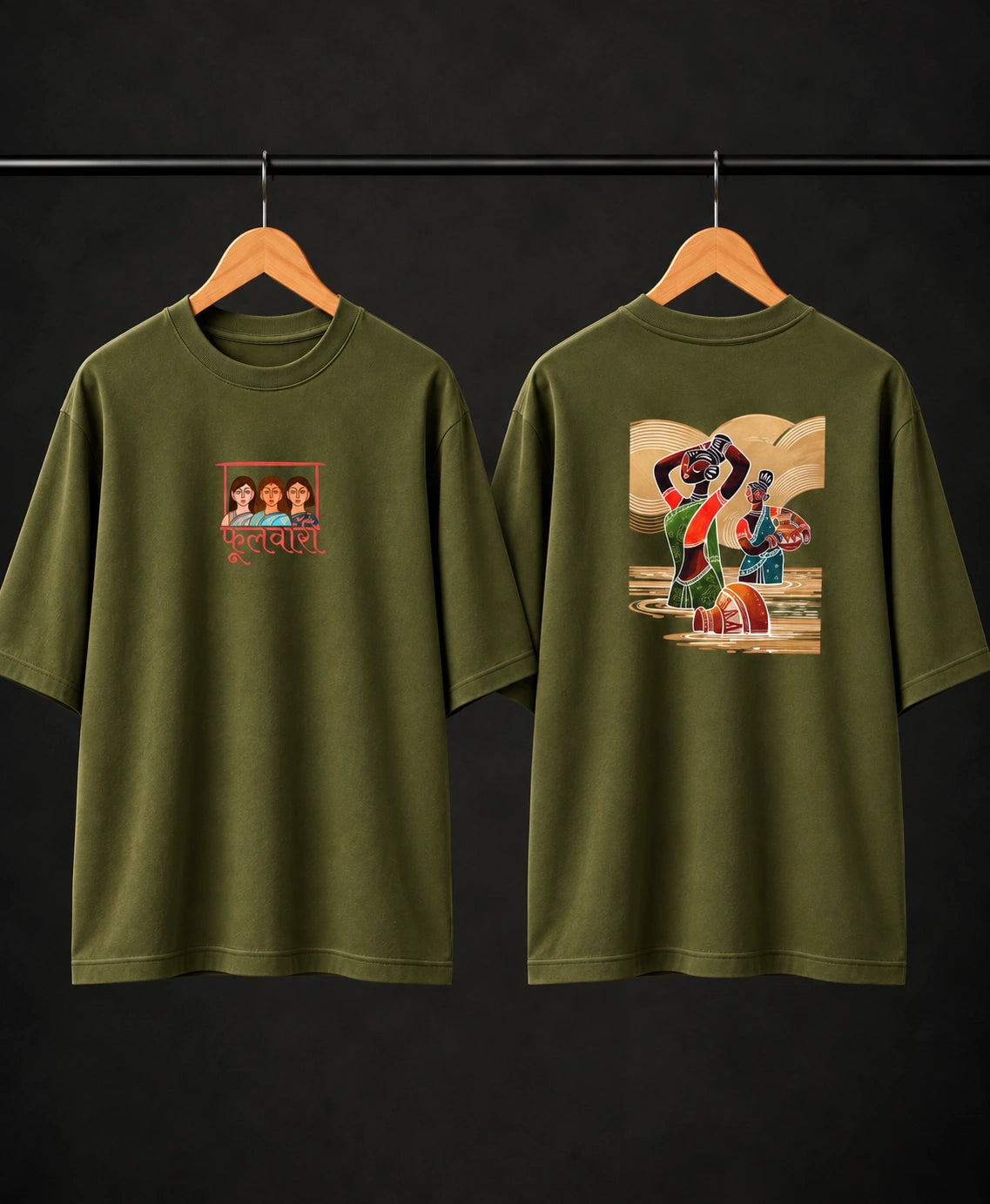 Men’s Black Indian Folk Art Oversized T-Shirt – Front & Back Graphic Print