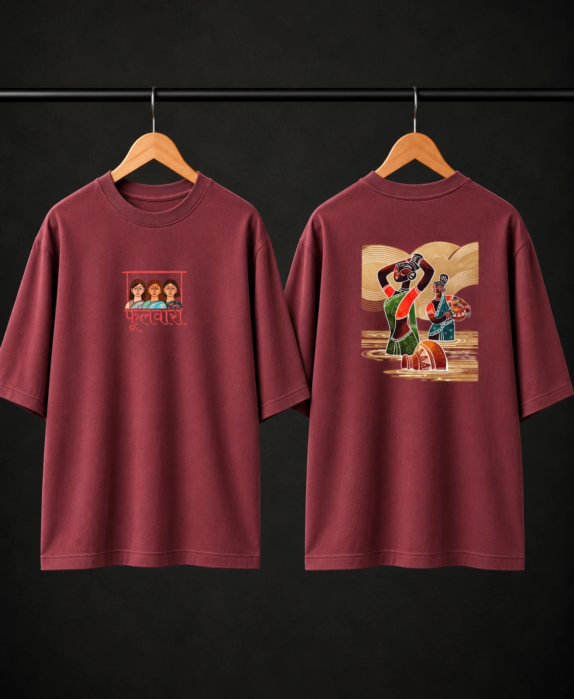 Men’s Black Indian Folk Art Oversized T-Shirt – Front & Back Graphic Print