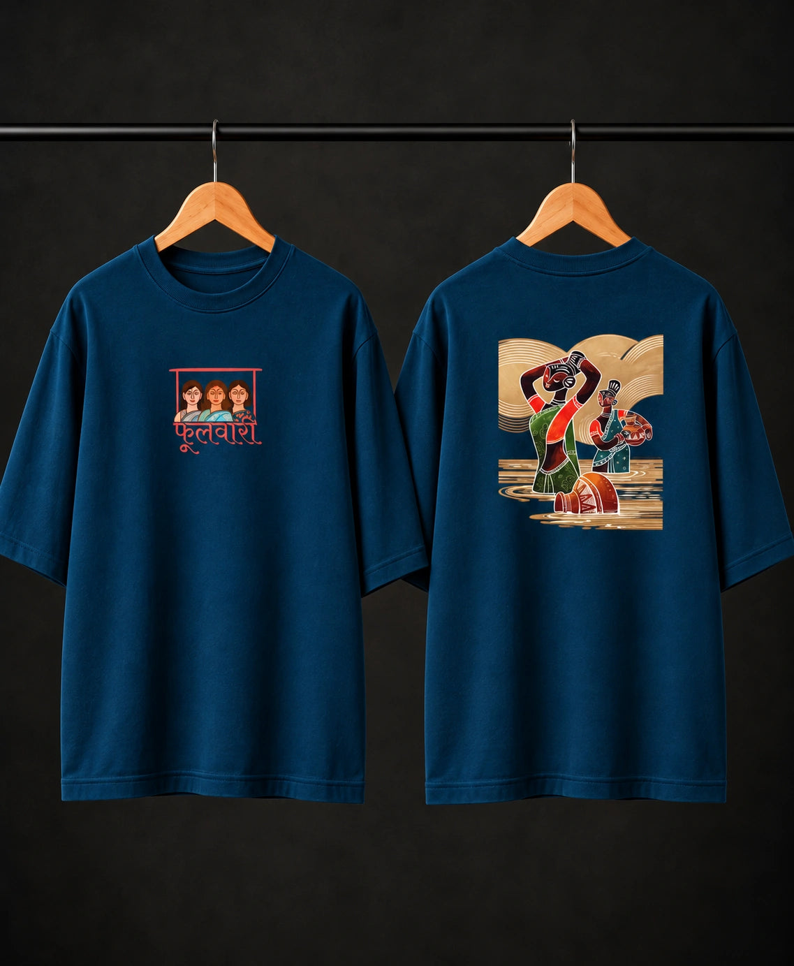 Men’s Black Indian Folk Art Oversized T-Shirt – Front & Back Graphic Print