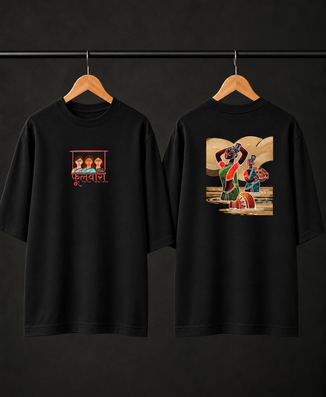 Men’s Black Indian Folk Art Oversized T-Shirt – Front & Back Graphic Print