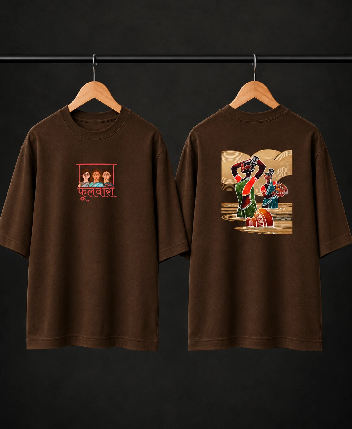 Men’s Black Indian Folk Art Oversized T-Shirt – Front & Back Graphic Print