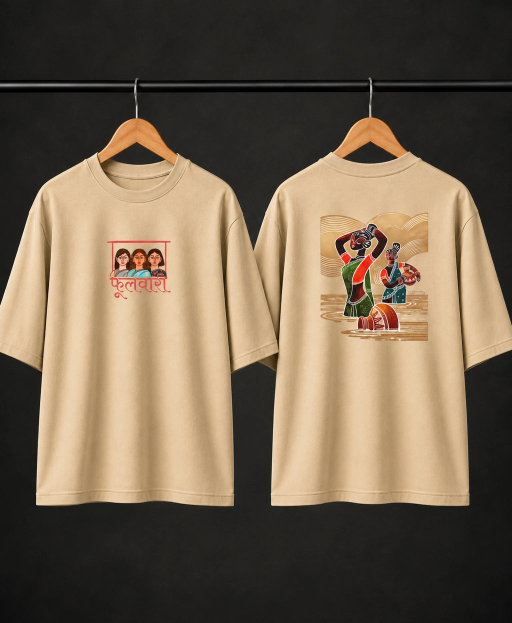 Men’s Black Indian Folk Art Oversized T-Shirt – Front & Back Graphic Print