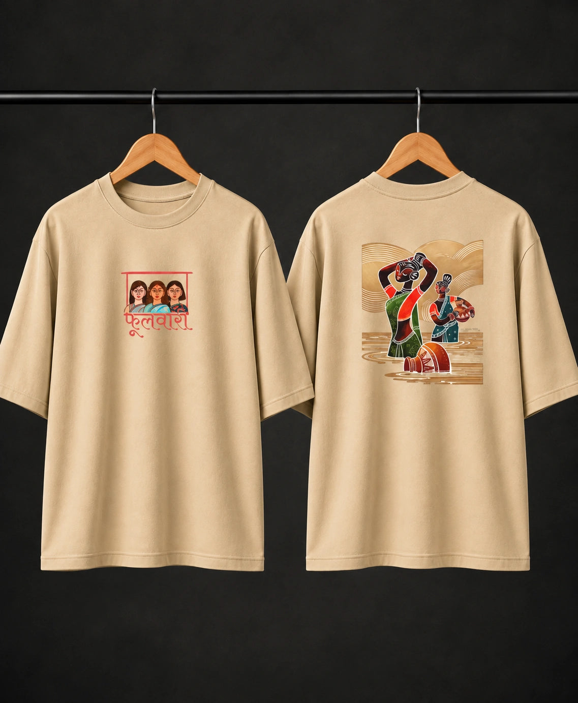 Men’s Black Indian Folk Art Oversized T-Shirt – Front & Back Graphic Print