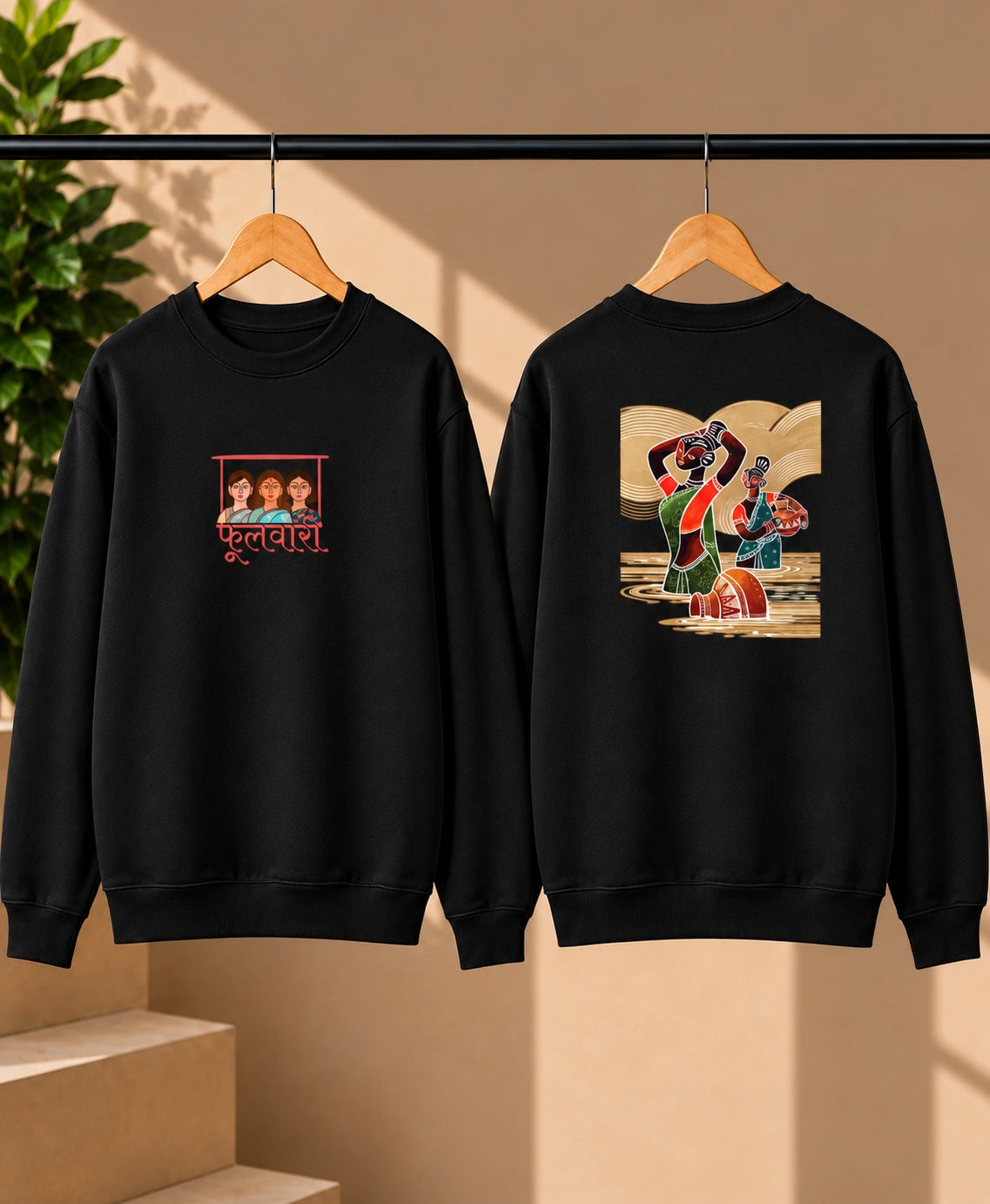 Men’s Black Indian Folk Art Graphic Sweatshirt – Front & Back Cultural Print