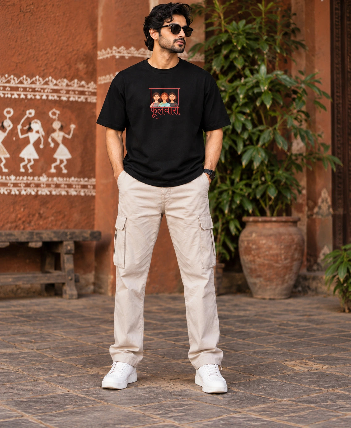 Men’s Black Indian Folk Art Oversized T-Shirt – Front & Back Graphic Print