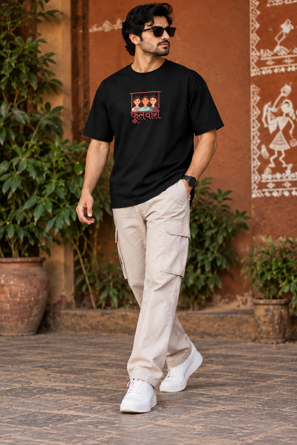 Men’s Black Indian Folk Art Oversized T-Shirt – Front & Back Graphic Print