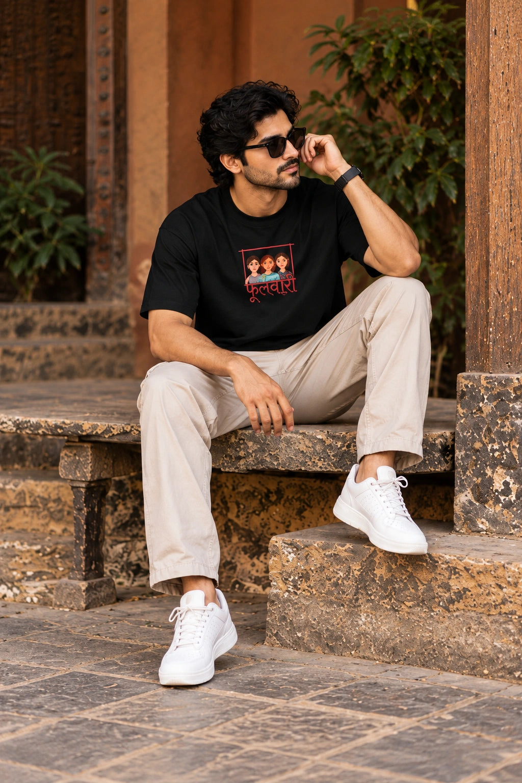 Men’s Black Indian Folk Art Oversized T-Shirt – Front & Back Graphic Print