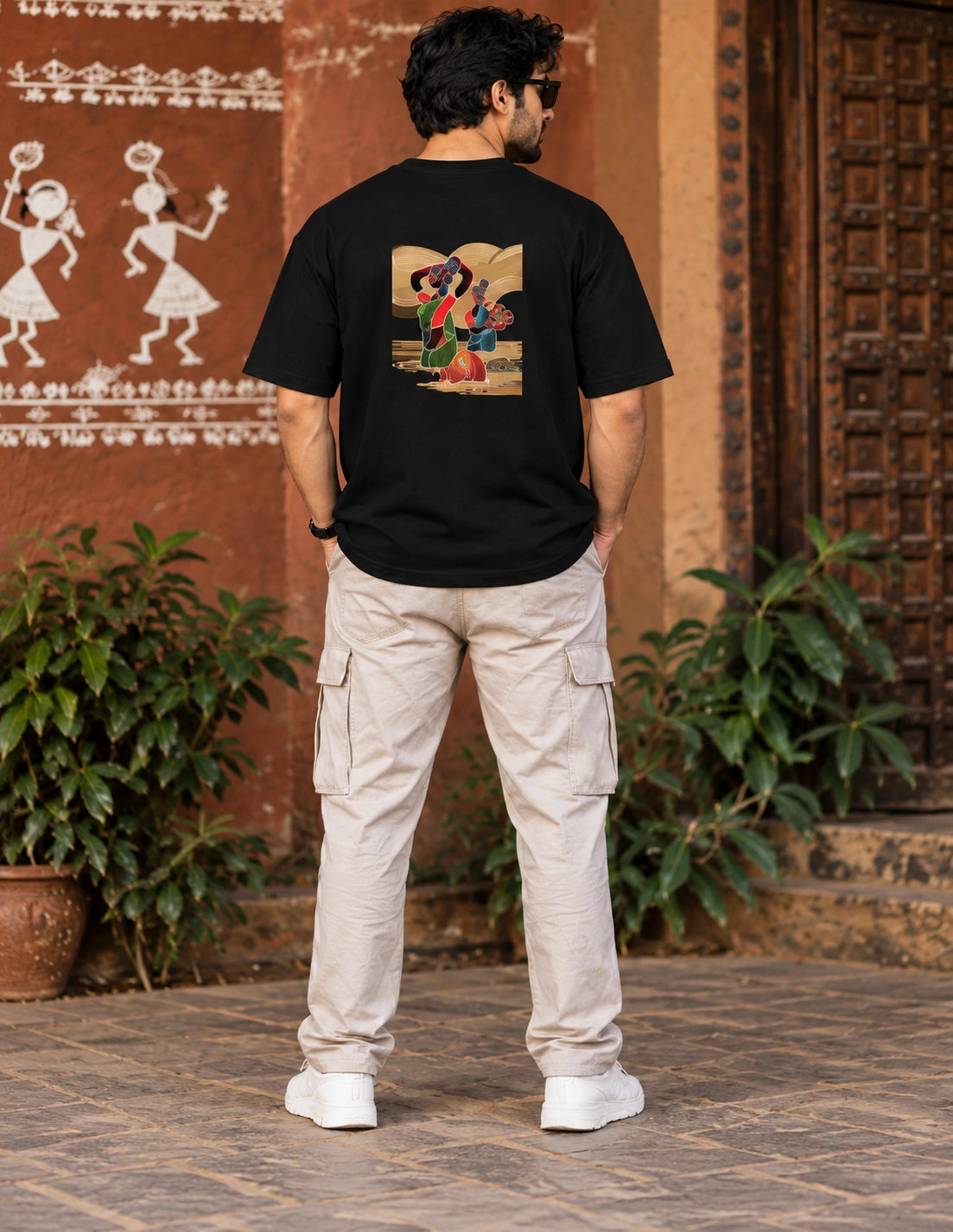 Men’s Black Indian Folk Art Oversized T-Shirt – Front & Back Graphic Print