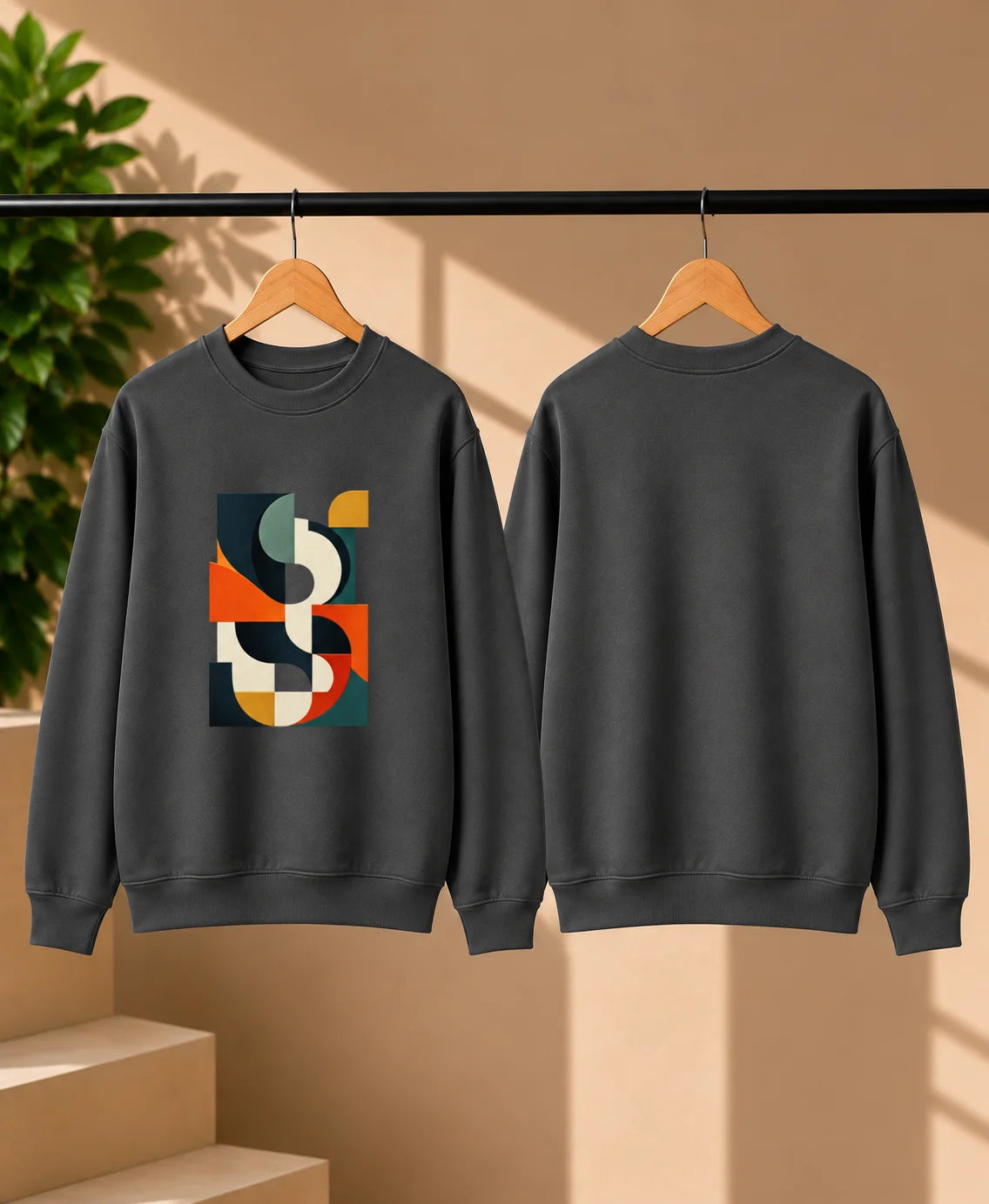Men’s White Abstract Geometric Graphic Printed Sweatshirt – Crew Neck Casual Streetwear