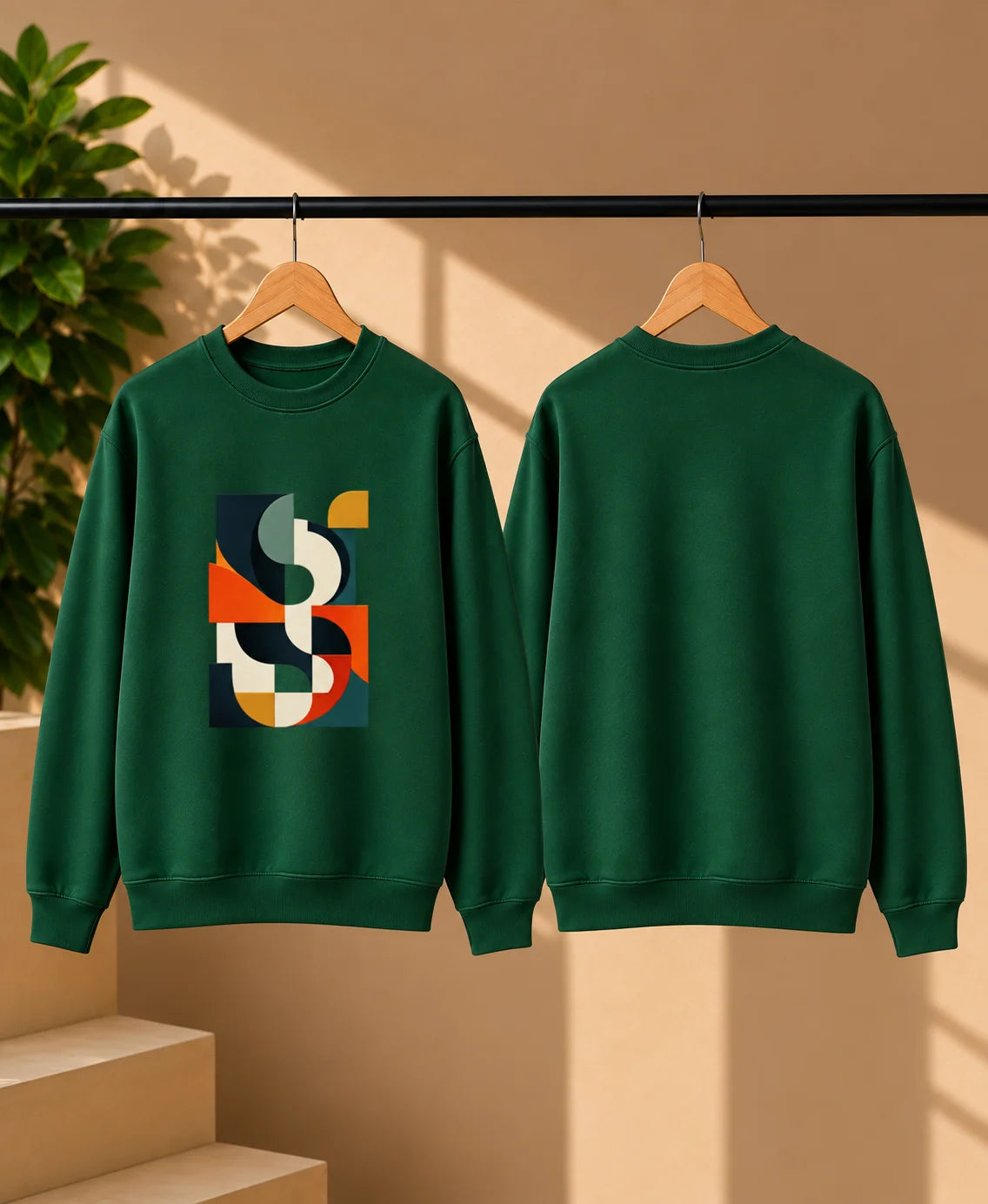 Men’s White Abstract Geometric Graphic Printed Sweatshirt – Crew Neck Casual Streetwear