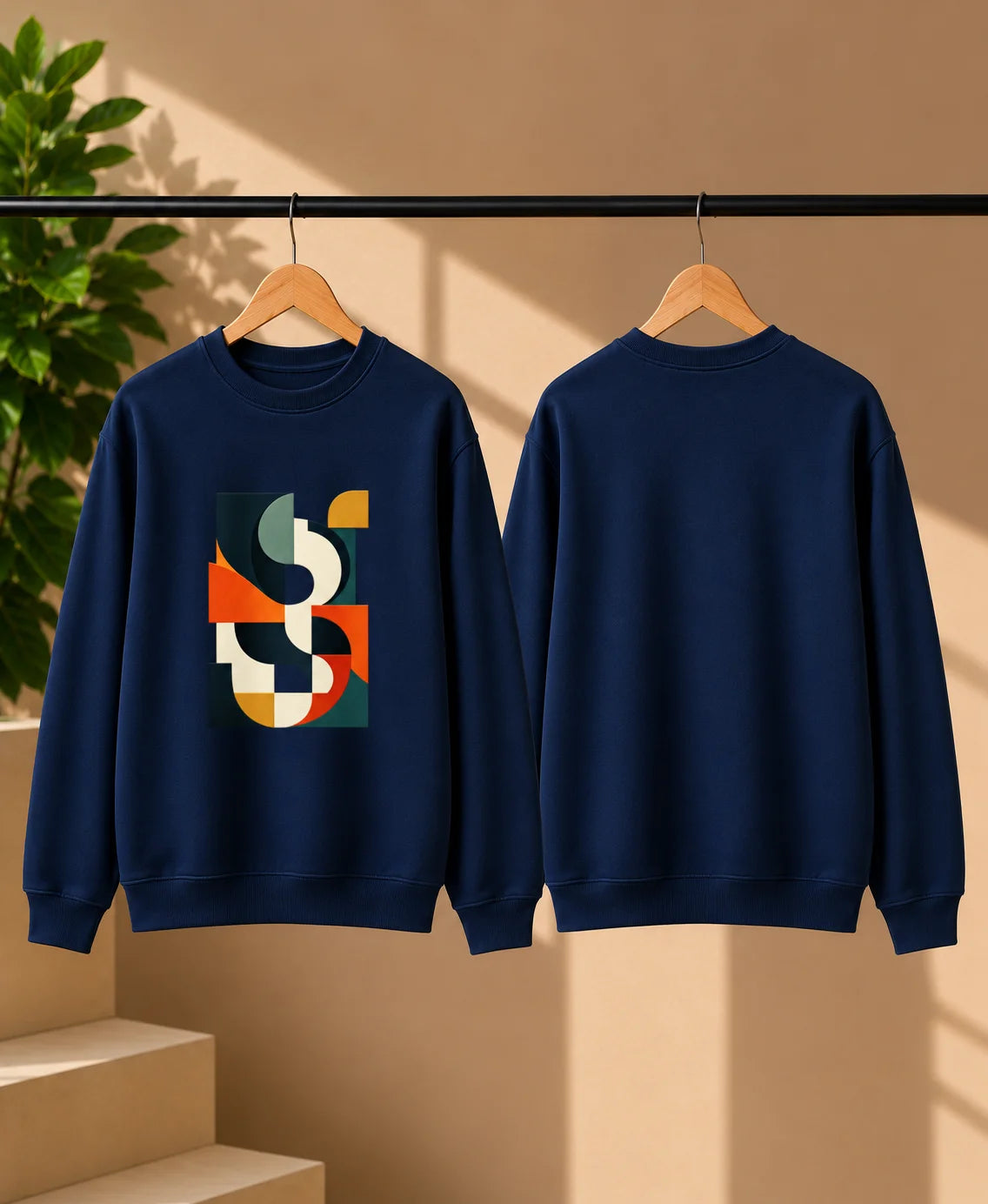 Men’s White Abstract Geometric Graphic Printed Sweatshirt – Crew Neck Casual Streetwear