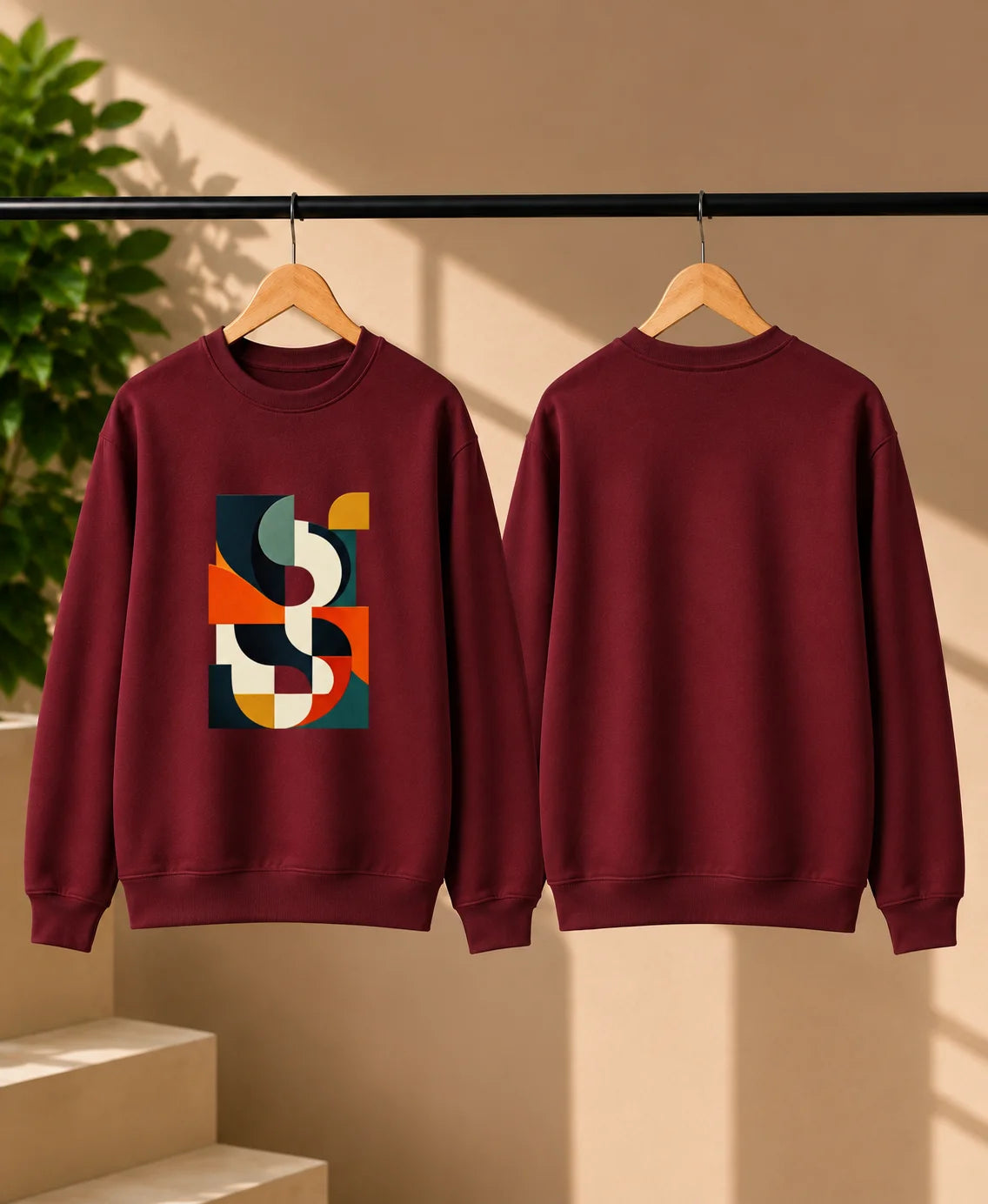 Men’s White Abstract Geometric Graphic Printed Sweatshirt – Crew Neck Casual Streetwear