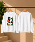 Men’s White Abstract Geometric Graphic Printed Sweatshirt – Crew Neck Casual Streetwear