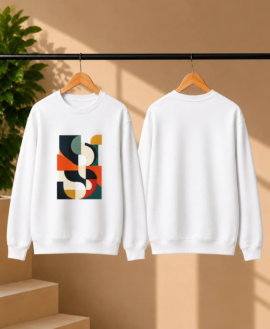 Men’s White Abstract Geometric Graphic Printed Sweatshirt – Crew Neck Casual Streetwear