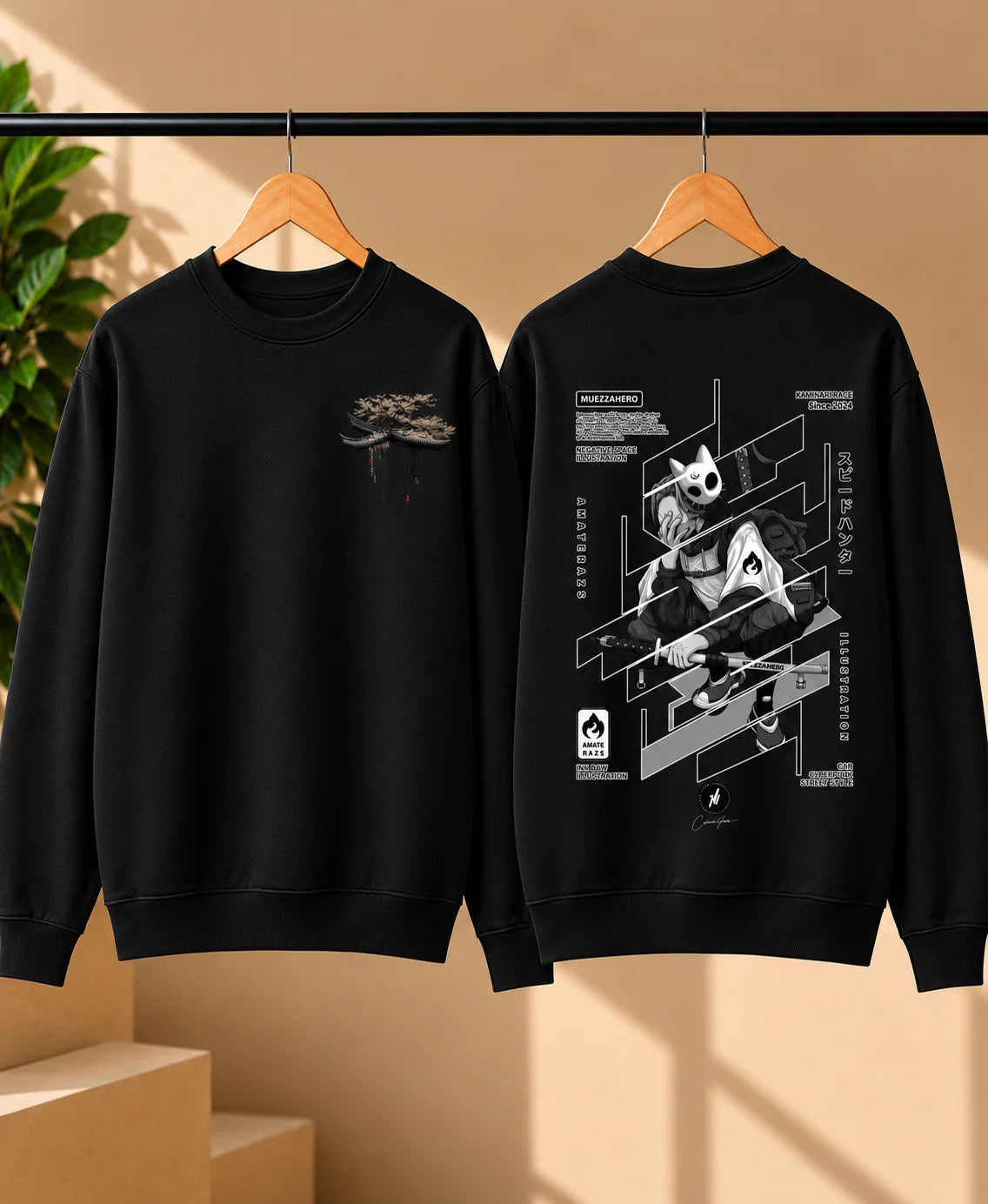 Men’s White Japanese Cyberpunk Graphic Printed Sweatshirt – Front & Back Streetwear Design