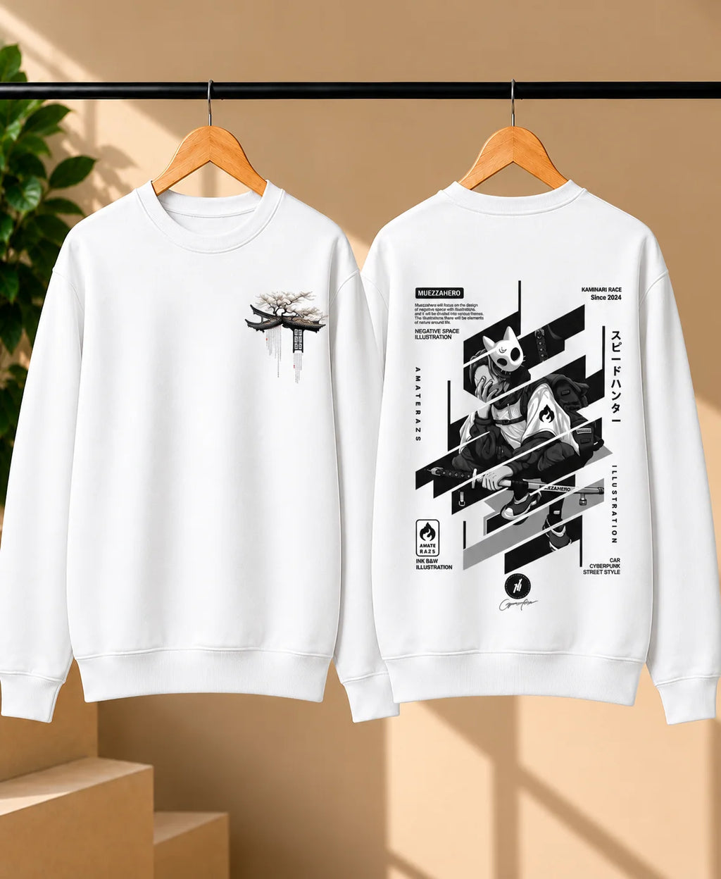 Men’s White Japanese Cyberpunk Graphic Printed Sweatshirt – Front & Back Streetwear Design