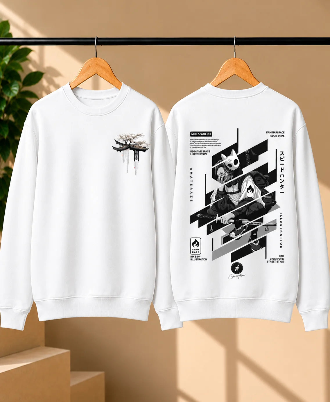 Men’s White Japanese Cyberpunk Graphic Printed Sweatshirt – Front & Back Streetwear Design