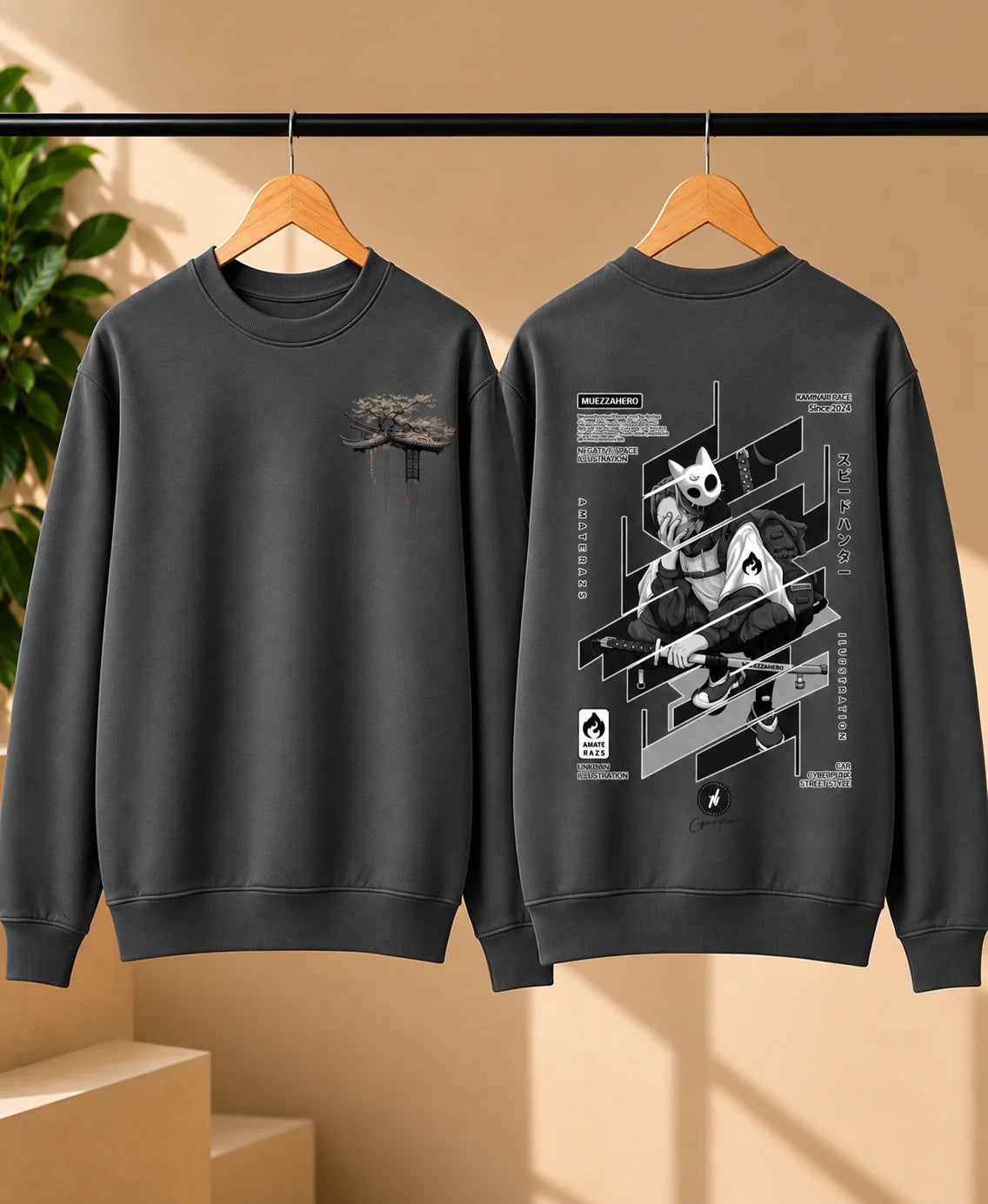 Men’s White Japanese Cyberpunk Graphic Printed Sweatshirt – Front & Back Streetwear Design