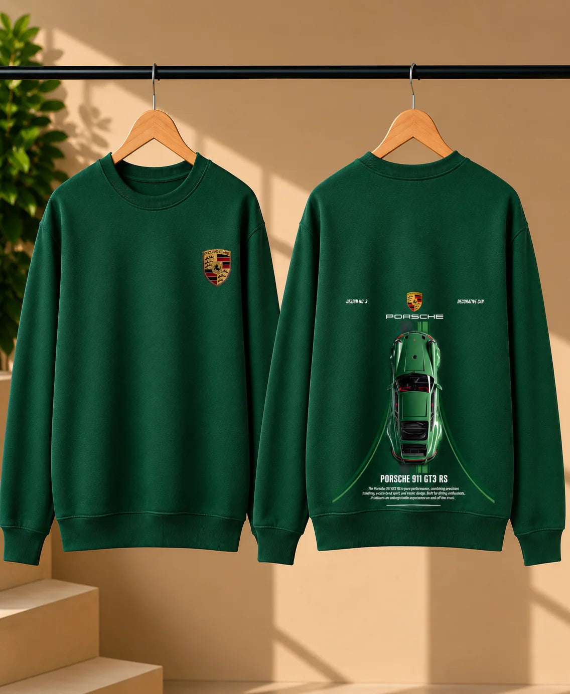 Men’s Bottle Green Sports Car Graphic Printed Sweatshirt – Front & Back Automotive Streetwear