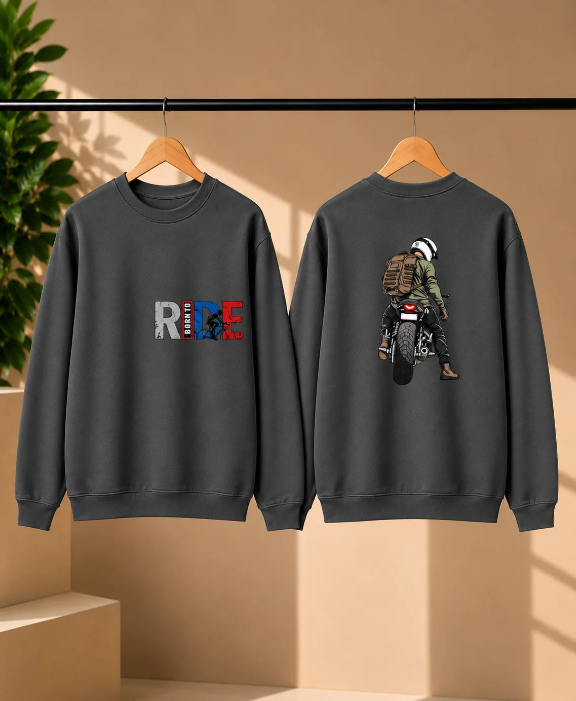 Men’s Maroon Born to Ride Biker Graphic Printed Sweatshirt – Front & Back Motorcycle Design