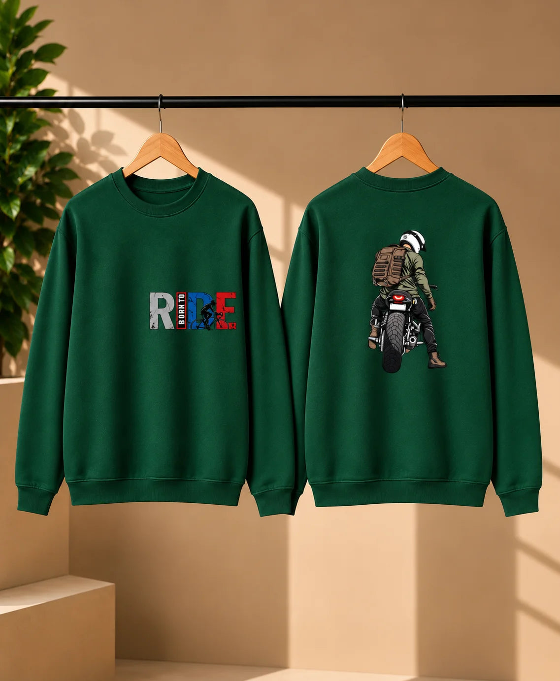 Men’s Maroon Born to Ride Biker Graphic Printed Sweatshirt – Front & Back Motorcycle Design