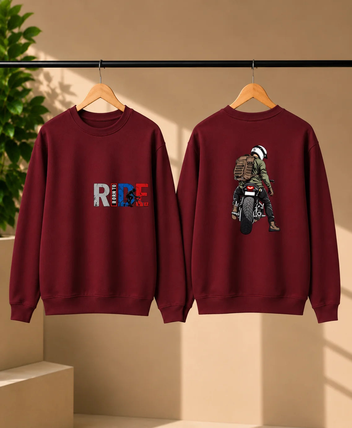 Men’s Maroon Born to Ride Biker Graphic Printed Sweatshirt – Front & Back Motorcycle Design