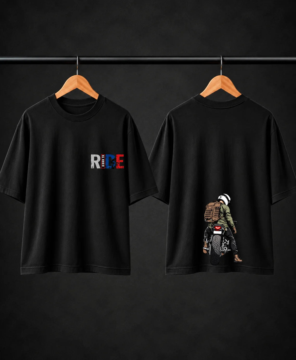 Men’s Black Born to Ride Biker Graphic Oversized T-Shirt – Front & Back Motorcycle Print