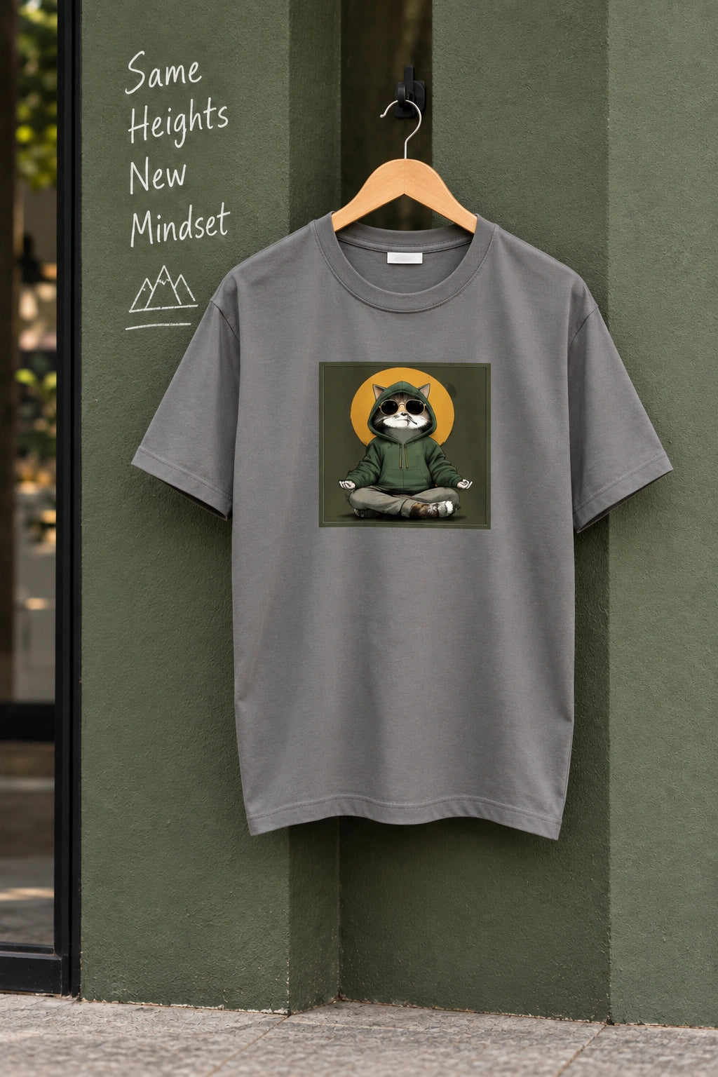 Men’s Olive Green Regular Fit Graphic T-Shirt – Cool Meditating Cat Printed Tee