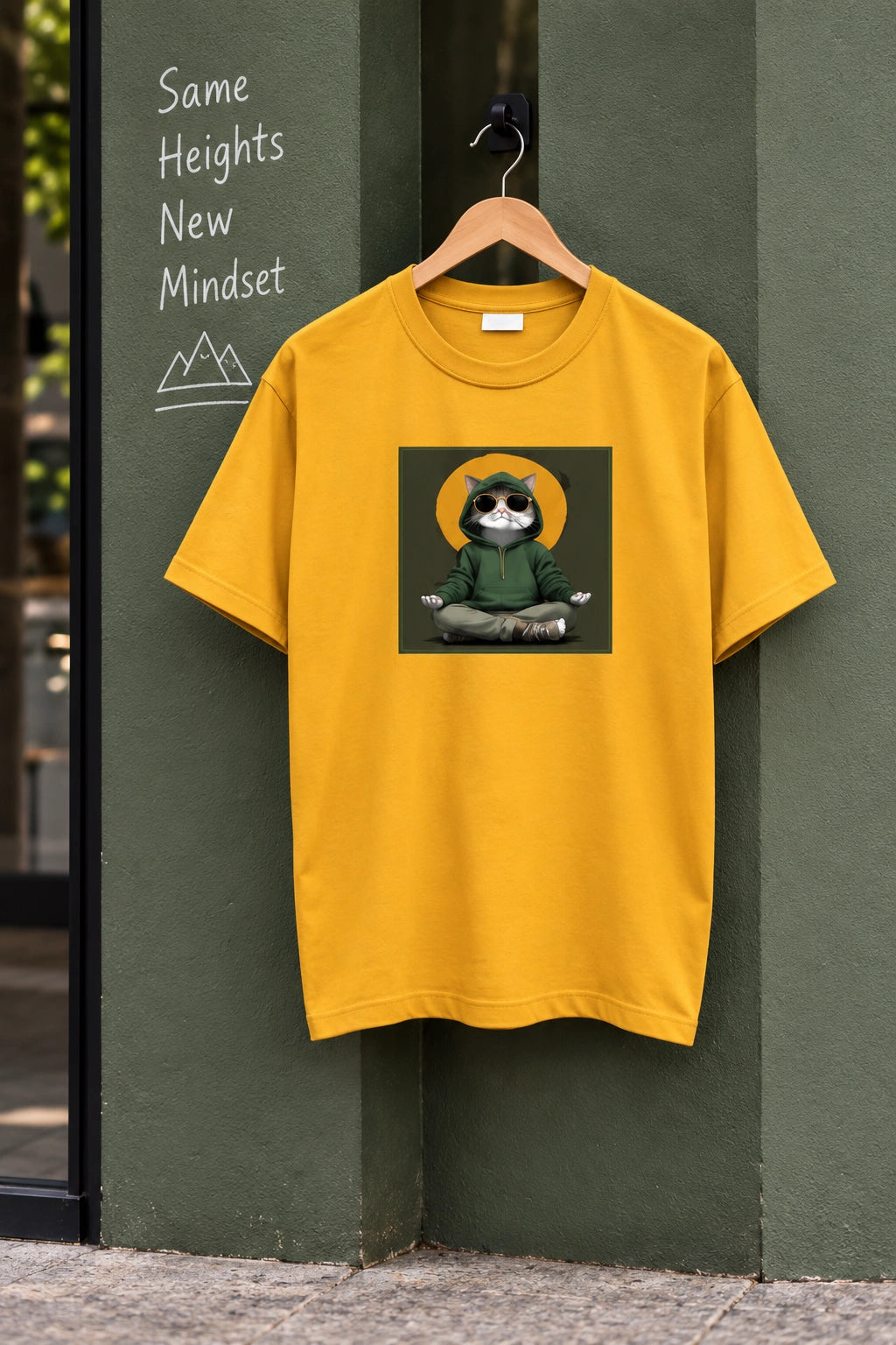 Men’s Olive Green Regular Fit Graphic T-Shirt – Cool Meditating Cat Printed Tee