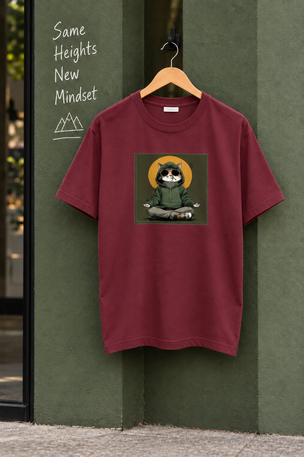 Men’s Olive Green Regular Fit Graphic T-Shirt – Cool Meditating Cat Printed Tee
