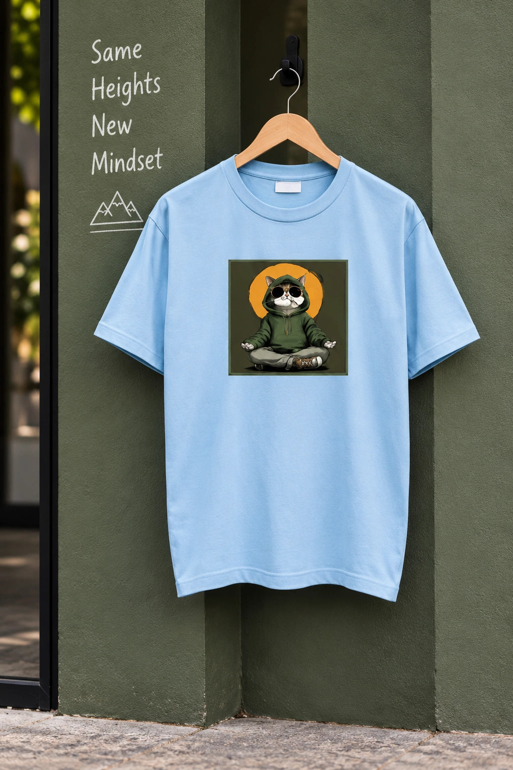 Men’s Olive Green Regular Fit Graphic T-Shirt – Cool Meditating Cat Printed Tee