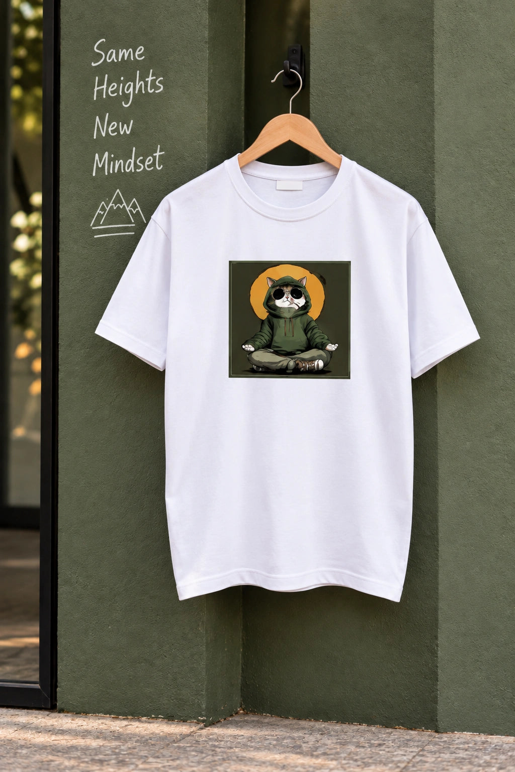 Men’s Olive Green Regular Fit Graphic T-Shirt – Cool Meditating Cat Printed Tee