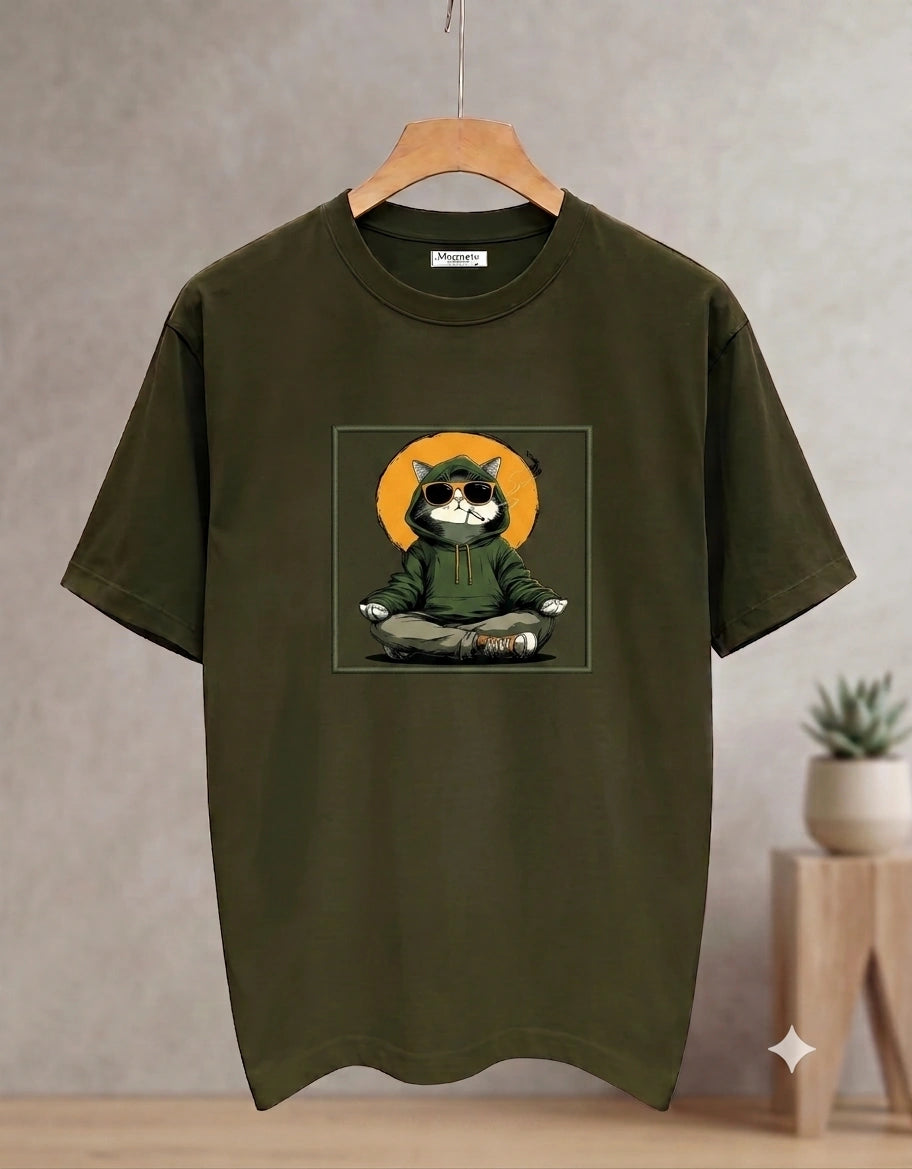 Men’s Olive Green Regular Fit Graphic T-Shirt – Cool Meditating Cat Printed Tee