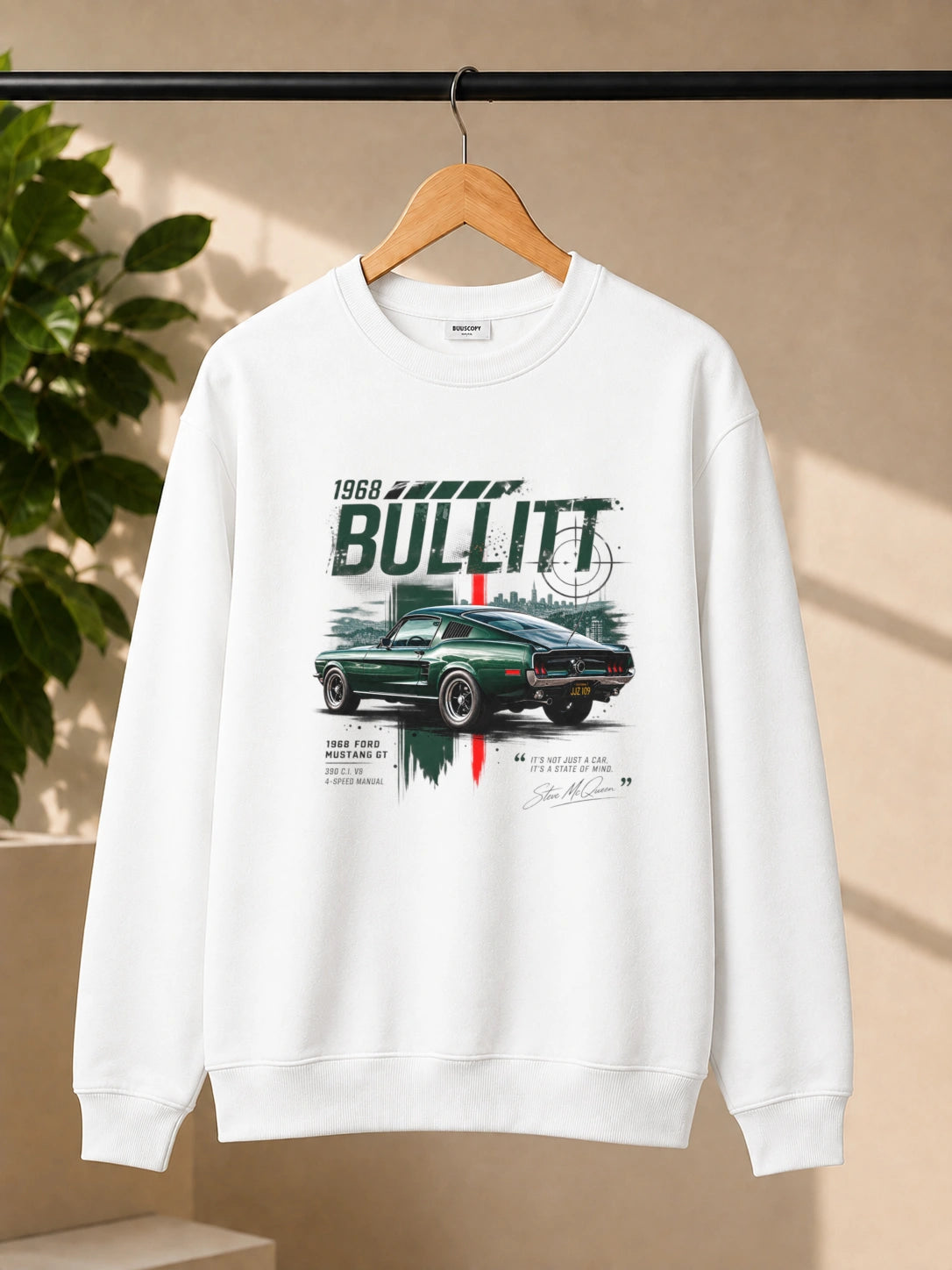 Men’s White Bullitt 1968 Classic Muscle Car Graphic Sweatshirt – Vintage Automotive Streetwear