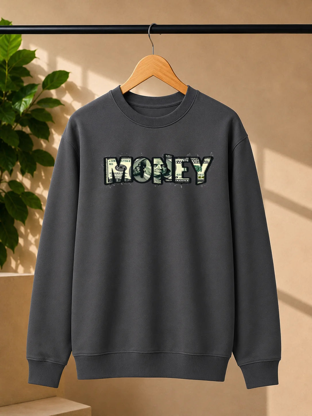 Men’s Charcoal Grey Money Graphic Printed Sweatshirt – Urban Streetwear Crew Neck