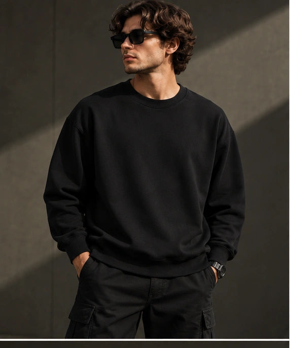 Men’s Premium Black Crew Neck Sweatshirt – Relaxed Fit