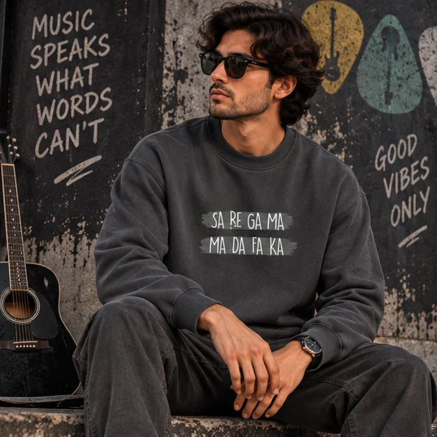 Men’s Charcoal Grey Sa Re Ga Ma Music Graphic Printed Sweatshirt – Crew Neck Casual Wear