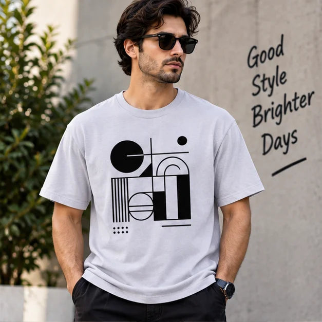 Men’s Olive Green Abstract Geometric Graphic Oversized T-Shirt – Modern Streetwear Tee