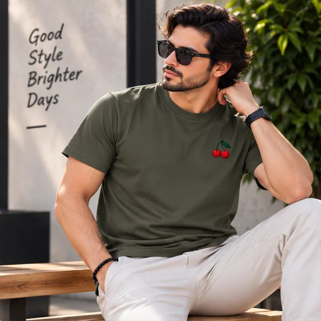 Men’s Brown Cherry Graphic Oversized T-Shirt – Minimal Streetwear Casual Tee