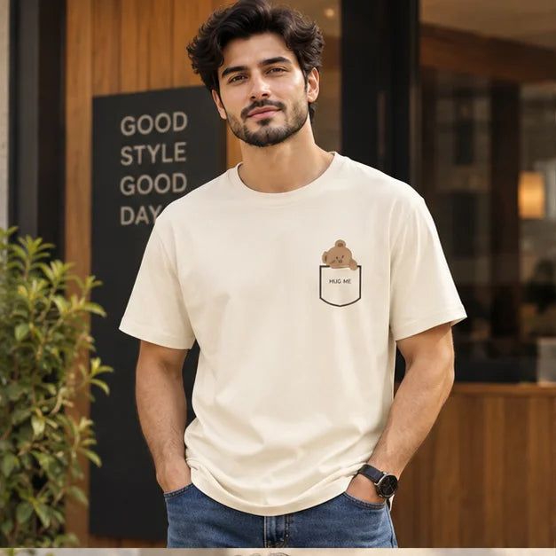 Men’s Cream Hug Me Teddy Pocket Graphic Oversized T-Shirt – Cute Minimal Streetwear Tee