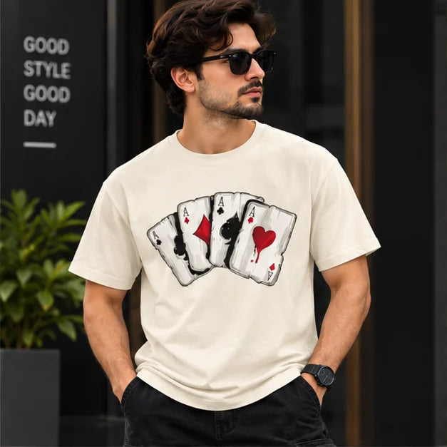 Men’s Off-White Four Aces Playing Cards Graphic Oversized T-Shirt – Streetwear Tee